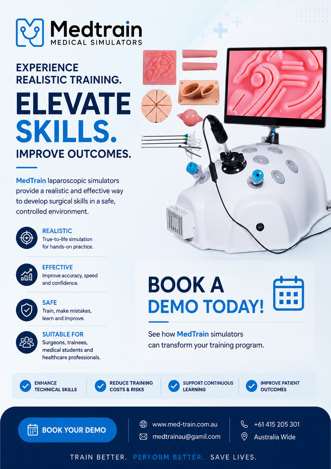 MedTrain Medical Simulators poster: Experience realistic training. Elevate skills. Improve outcomes. Book a demo today.